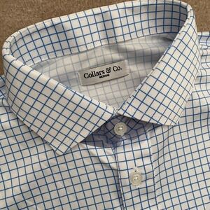 Collars & Co Dress Polo Shirt M Blue White Check Short Sleeve Spread Golf Casual